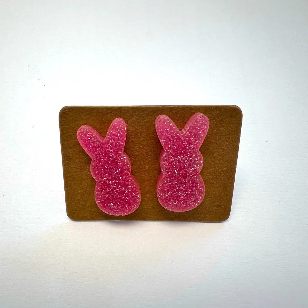 PINK GLITTER BUNNY STUD EARRINGS